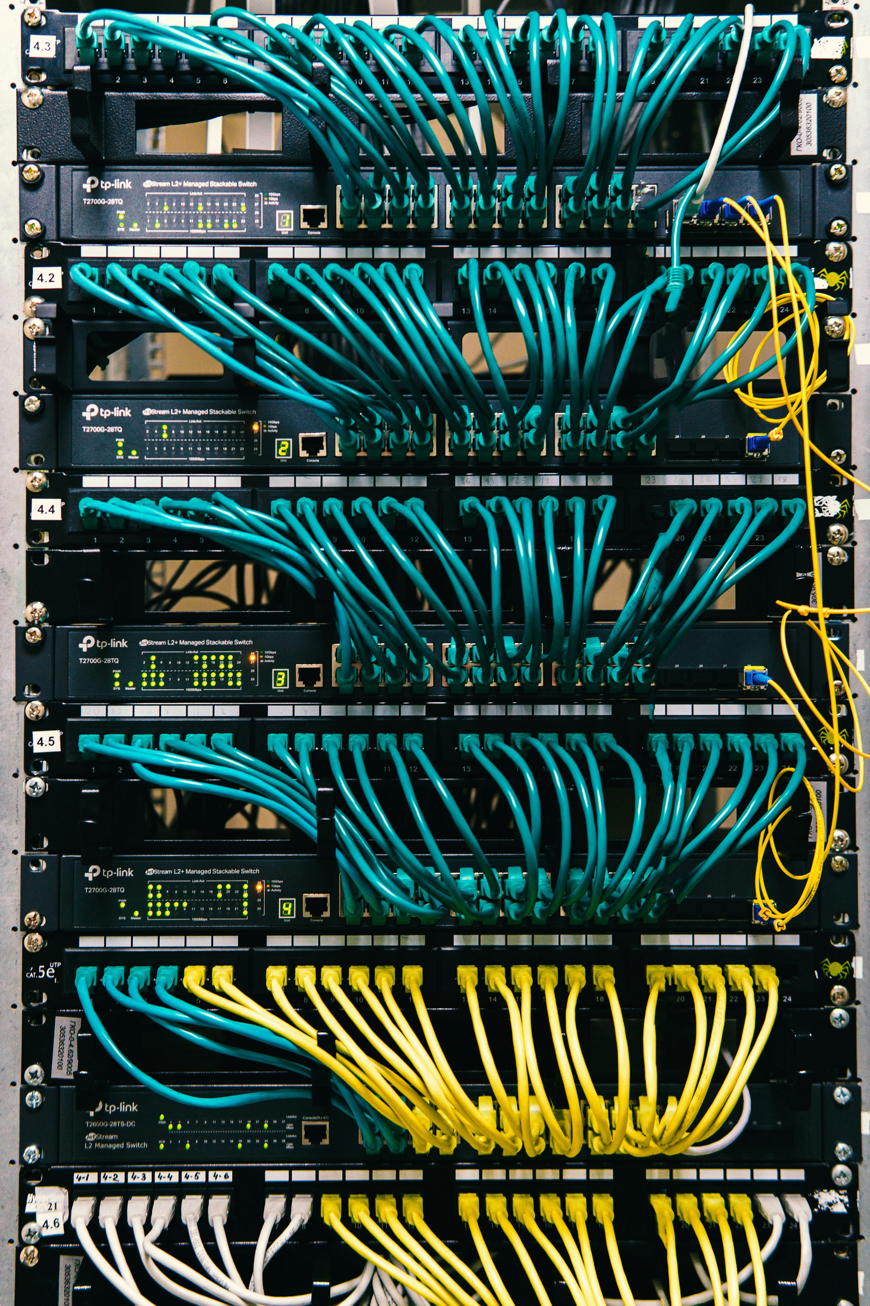 Network equipment and cabling in a server rack.