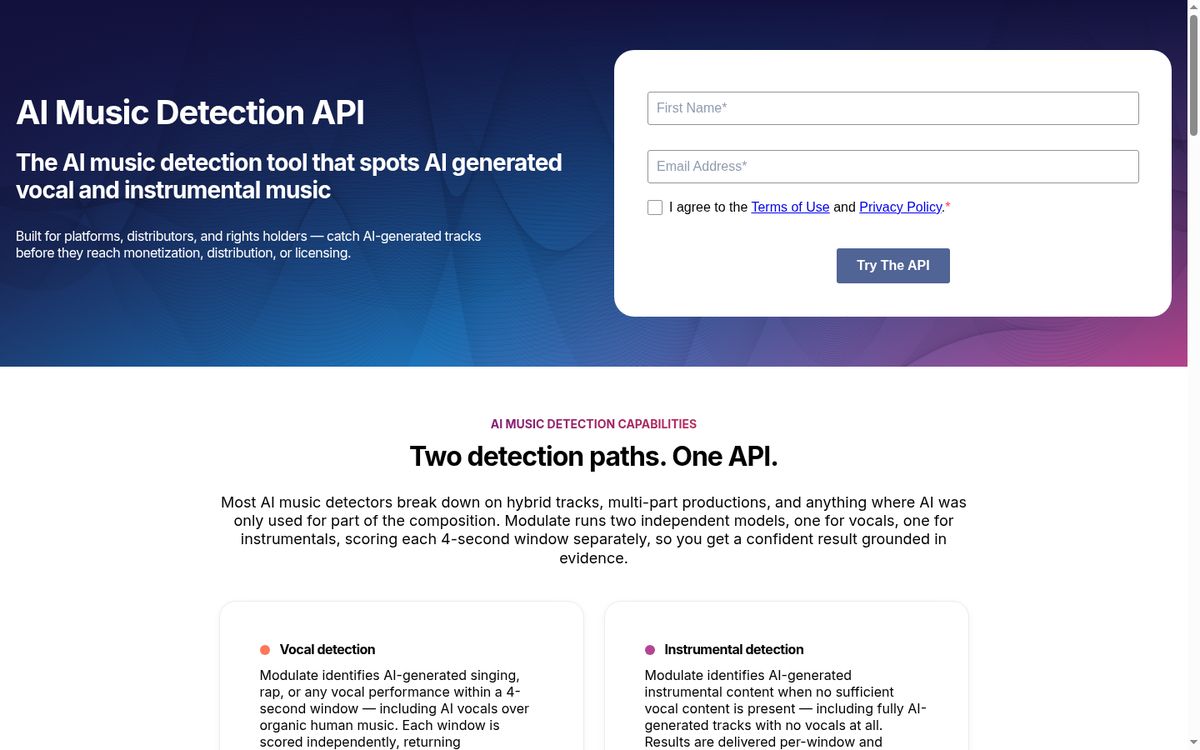 AI Music Detection API by Modulate website screenshot