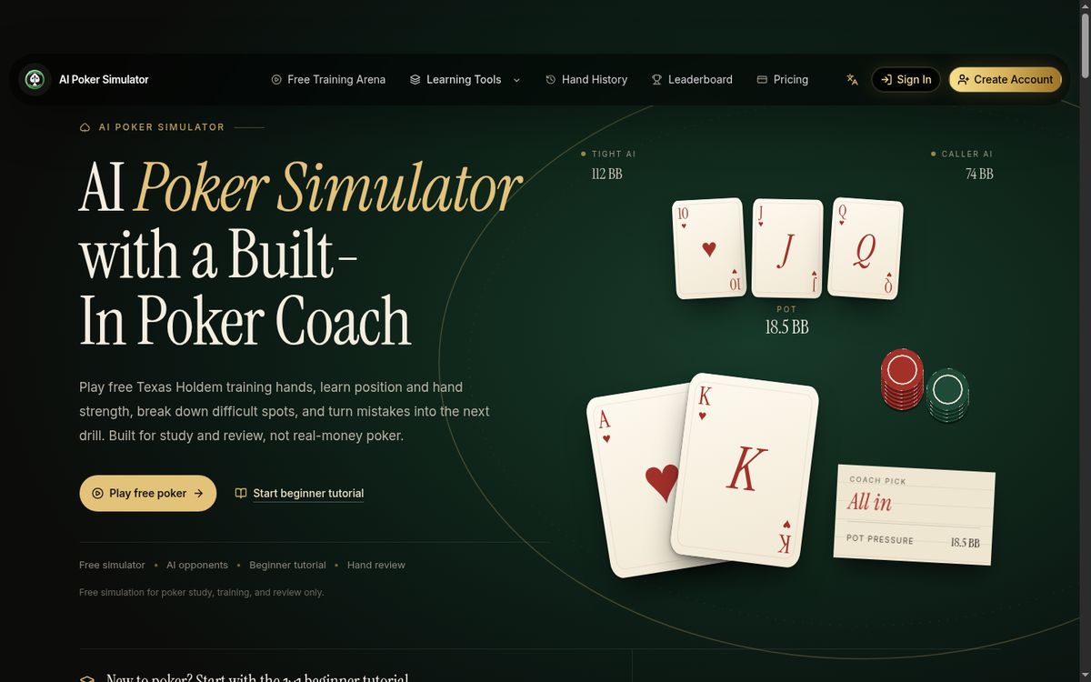 AI Poker Simulator website screenshot