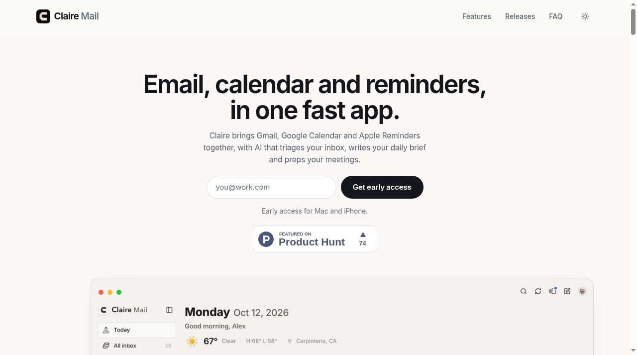 Claire Mail website screenshot