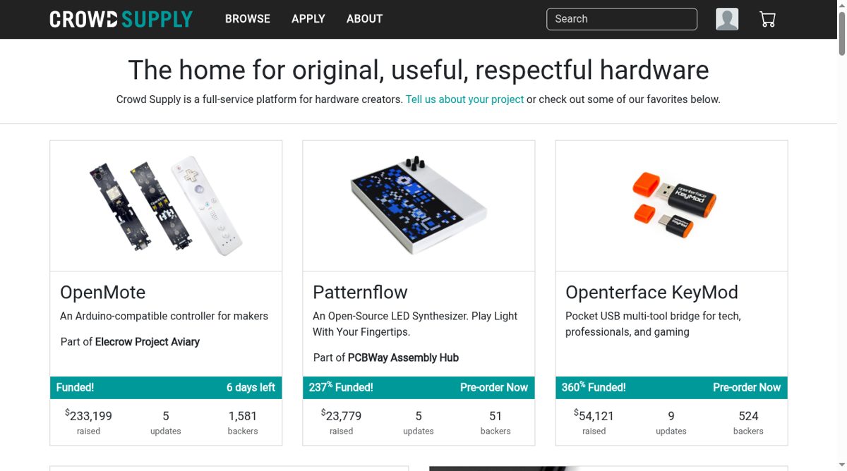 Crowd Supply website screenshot