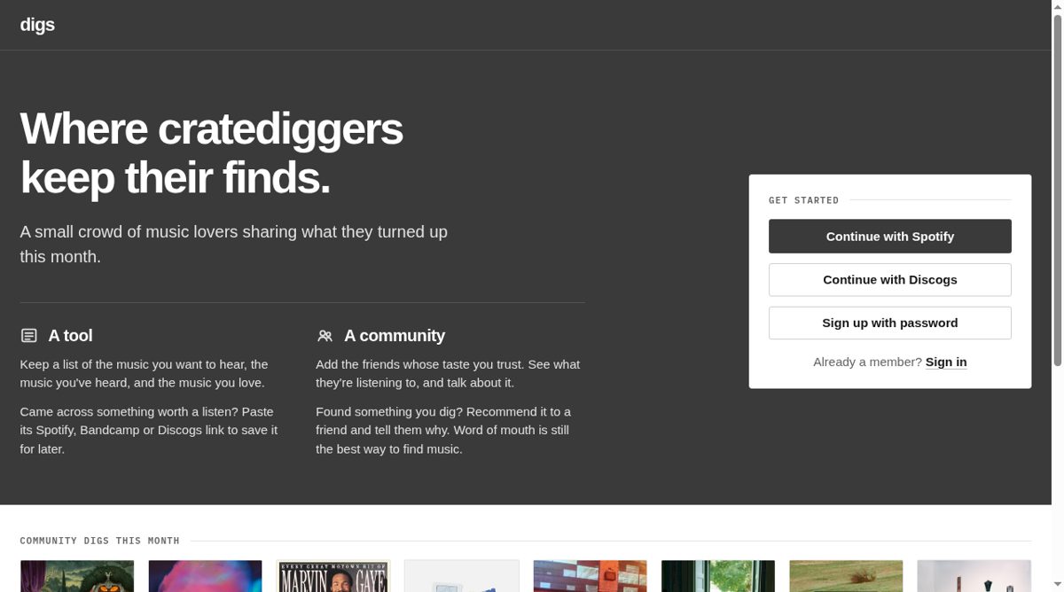 Digs.fm website screenshot