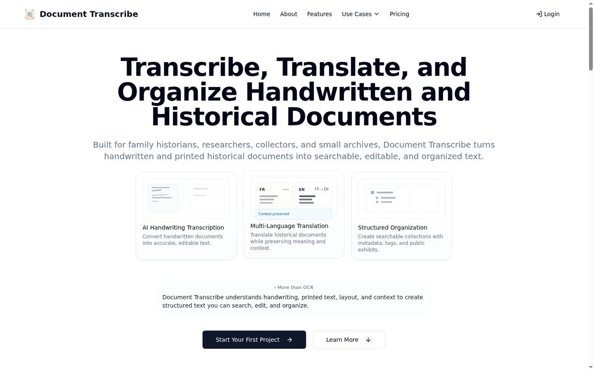 Document Transcribe website screenshot