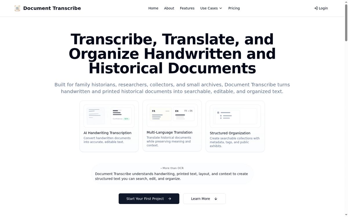 Document Transcribe website screenshot