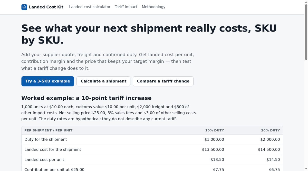 Landed Cost Kit website screenshot