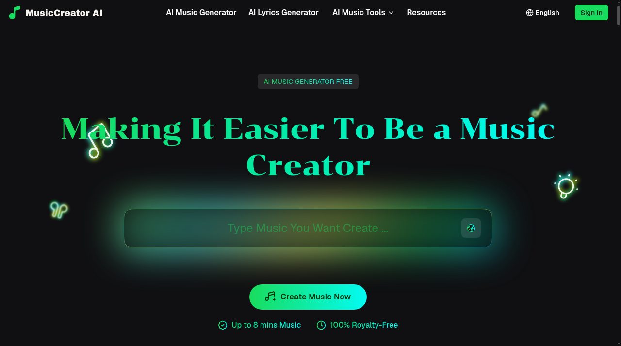 MusicCreator AI website screenshot