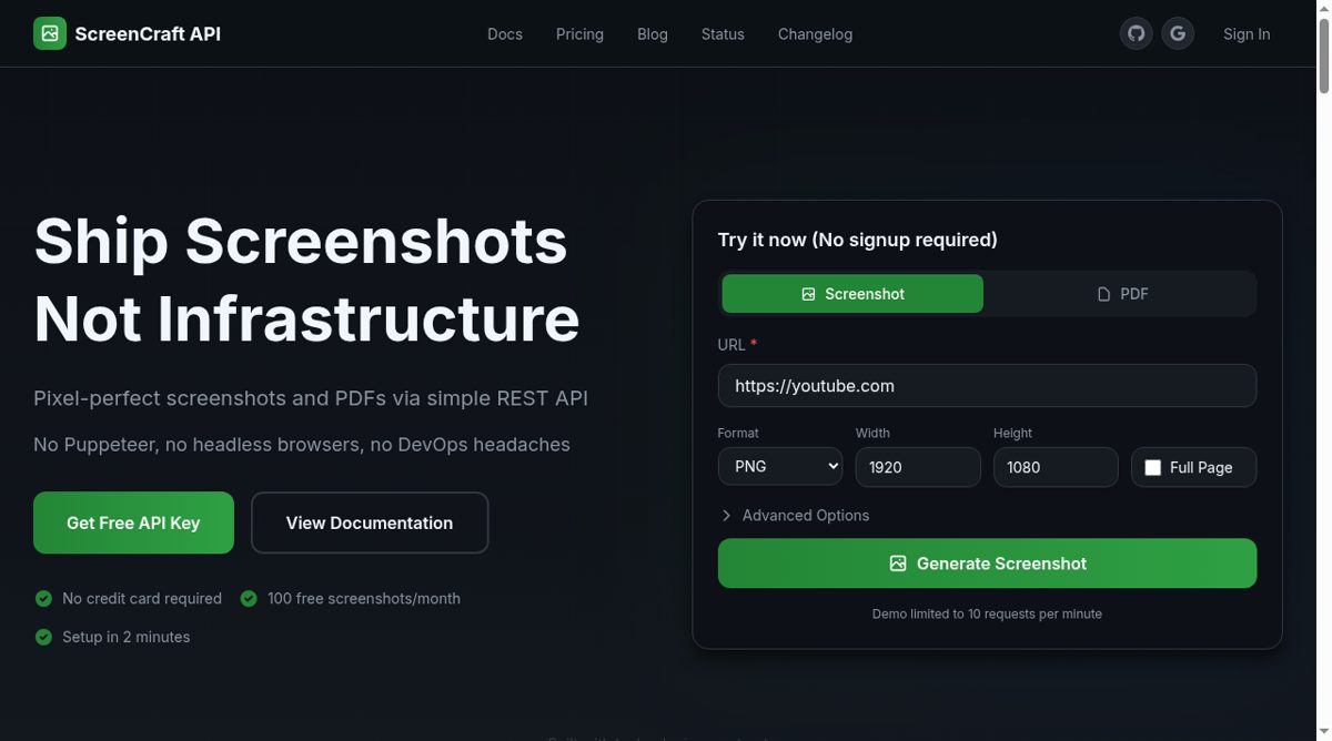 ScreenCraft API website screenshot