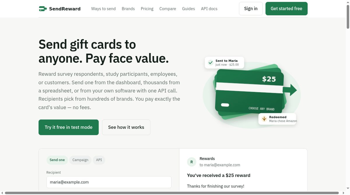 SendReward website screenshot