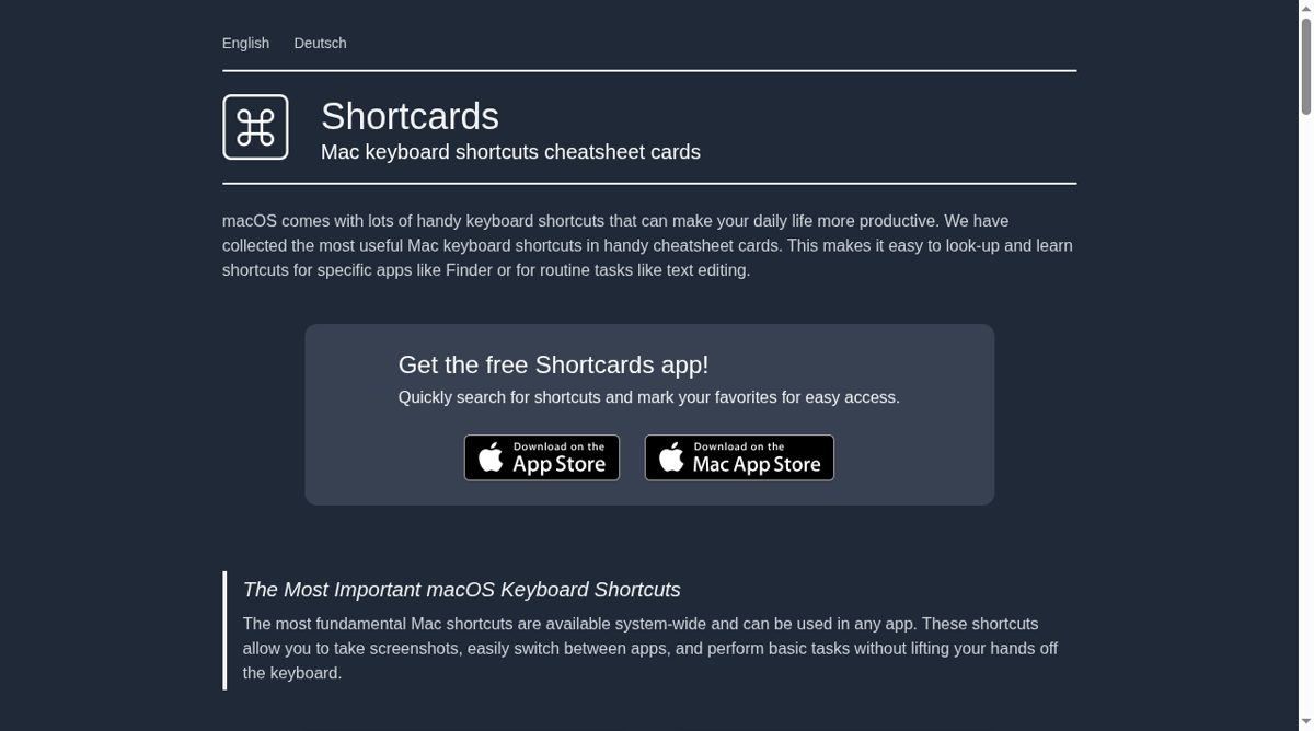 Shortcards website screenshot