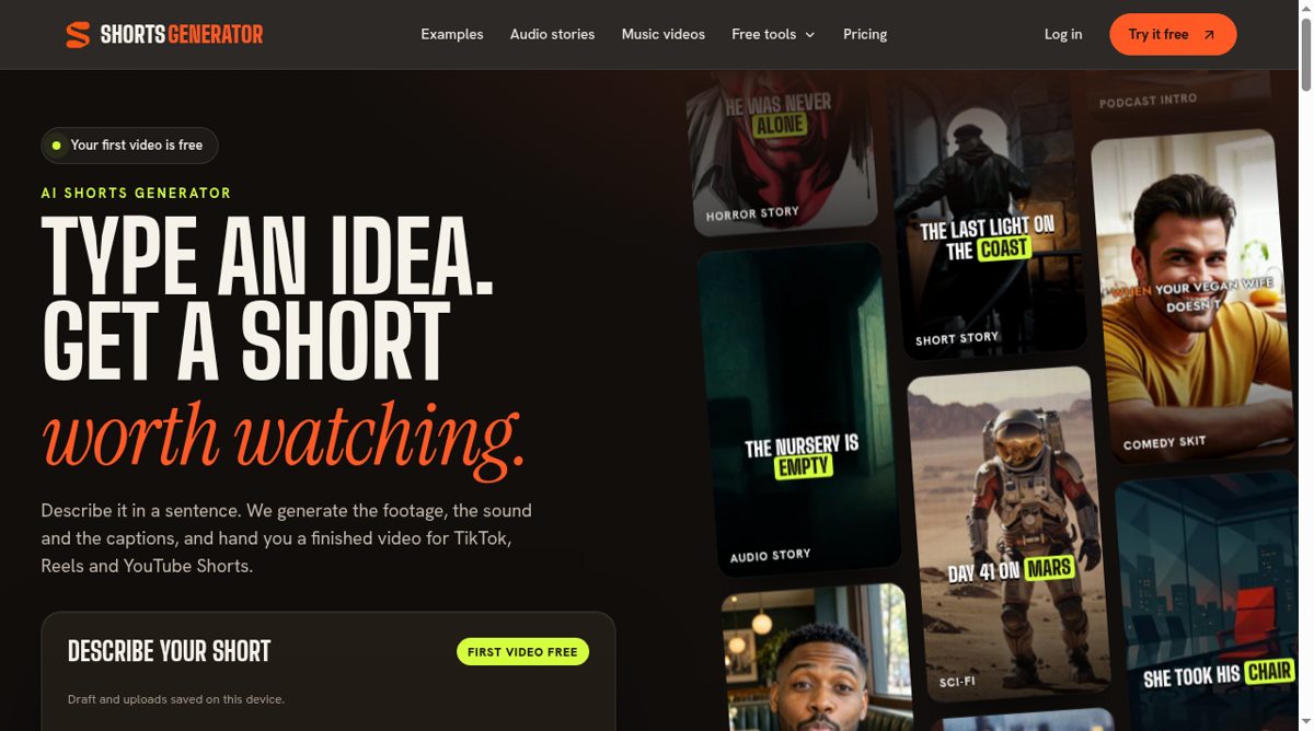 Shorts Generator website screenshot