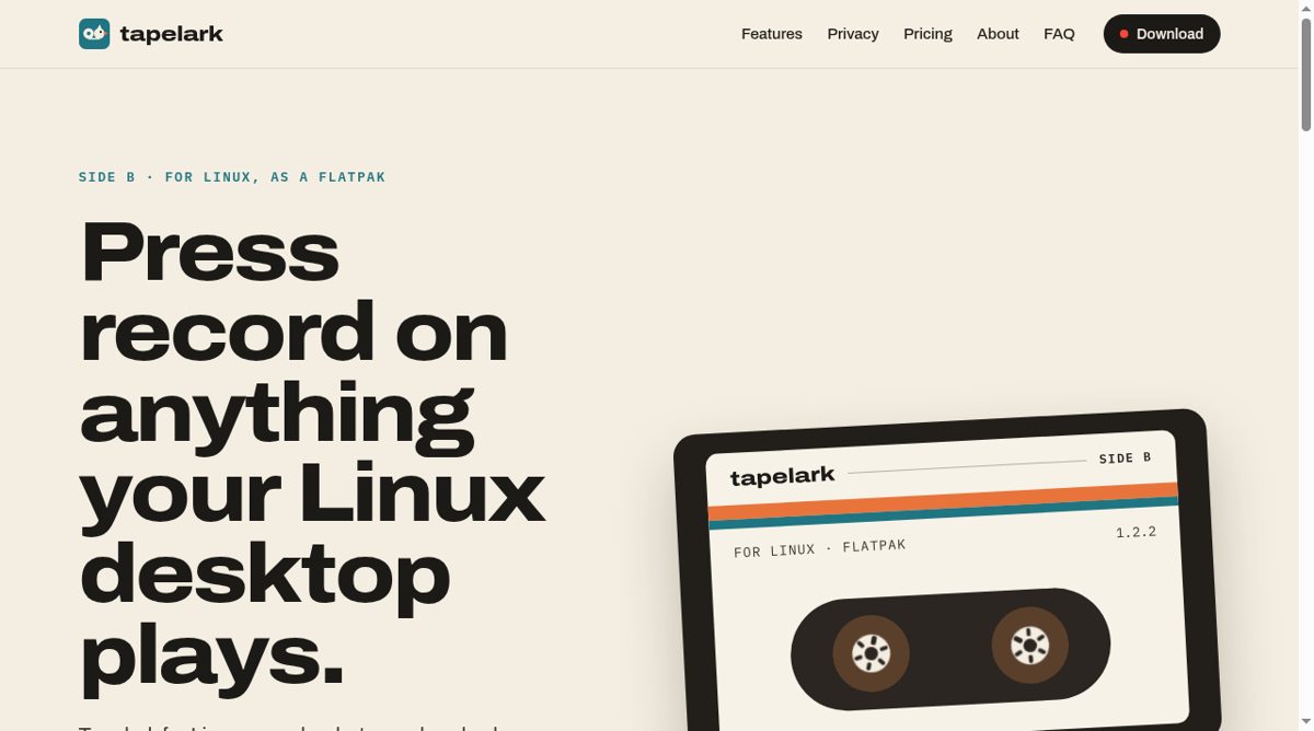 Tapelark for Linux website screenshot