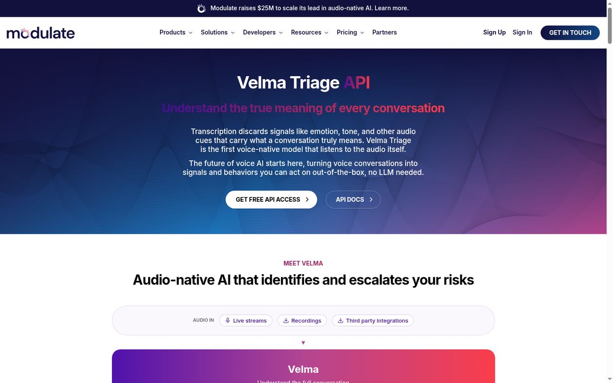 Velma API by Modulate website screenshot